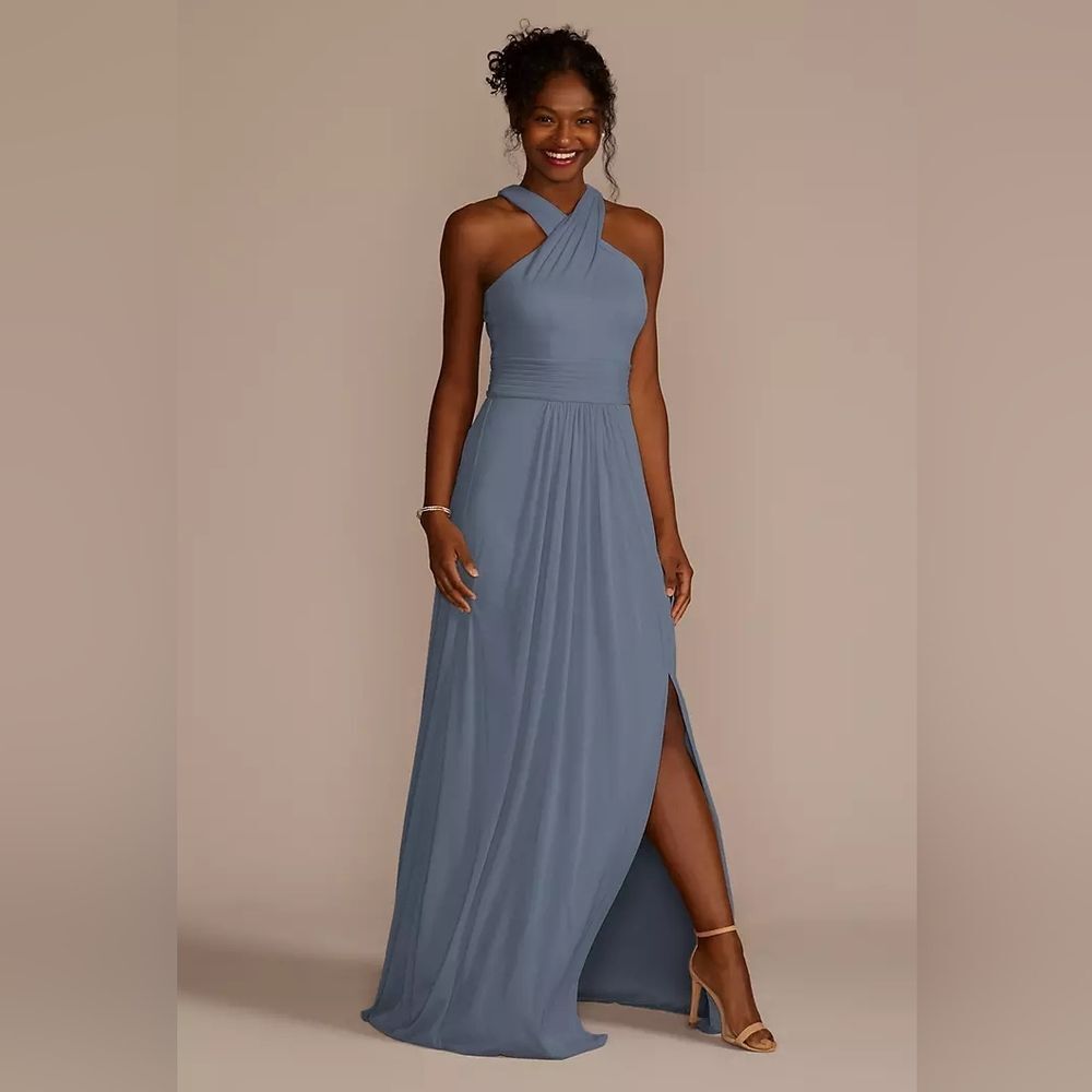 David's Bridal Slate Blue Cross-Neck Maxi Dress